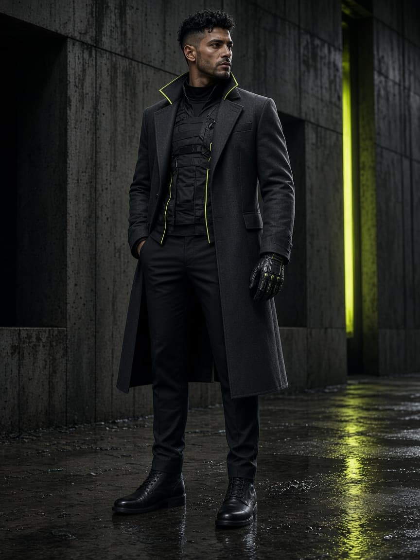 Kai Morrow in a long charcoal overcoat with lime trim