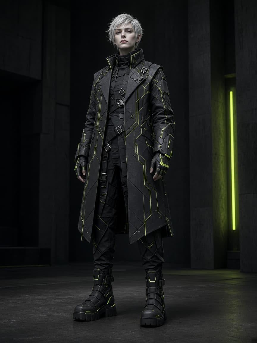 Noa Vex in geometric architectural outerwear with lime circuit lines