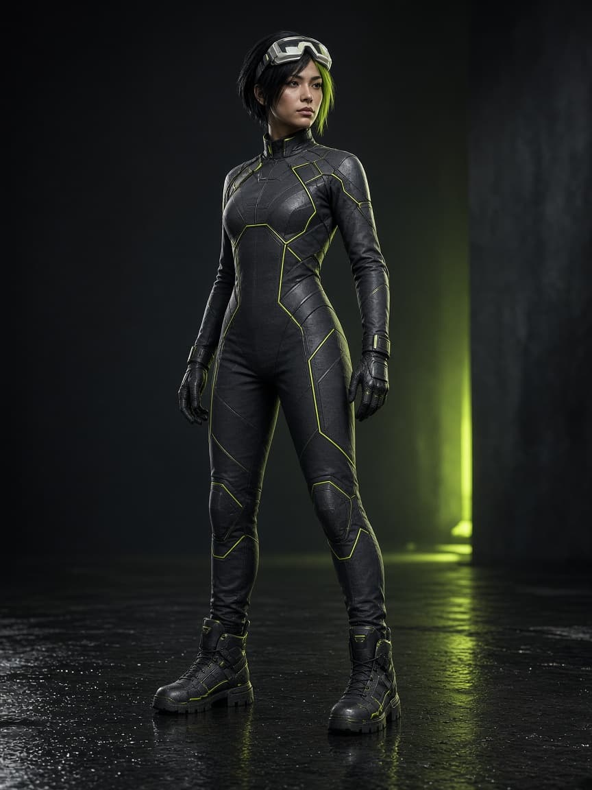 Ryn Vale in a charcoal technical racing suit with lime piping