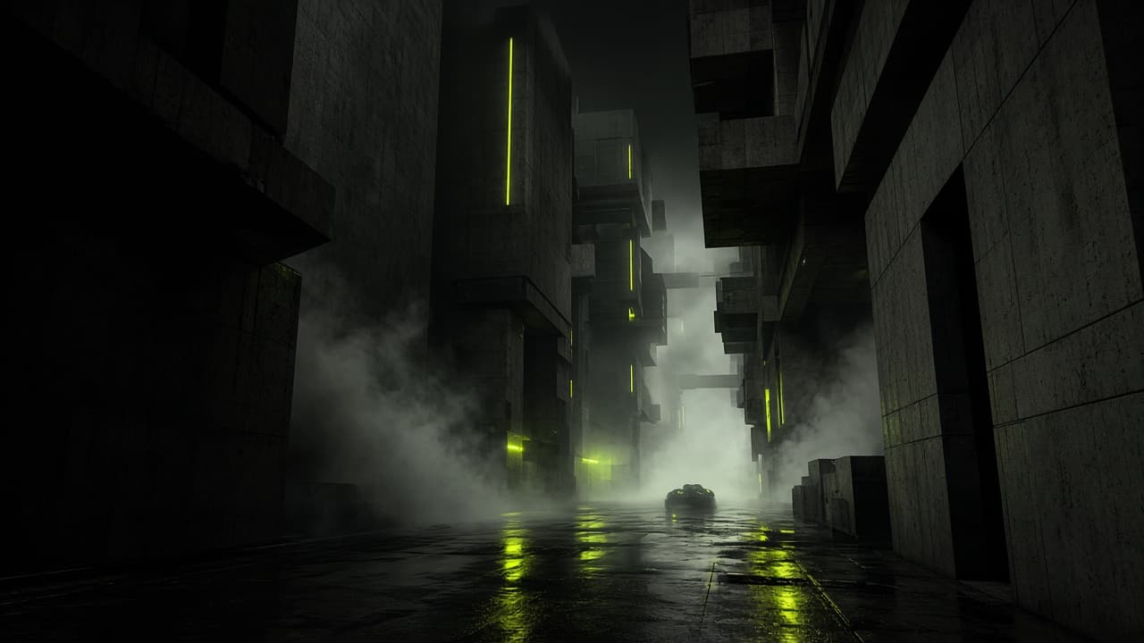 Wet brutalist megacity street canyon at night with lime slit lights