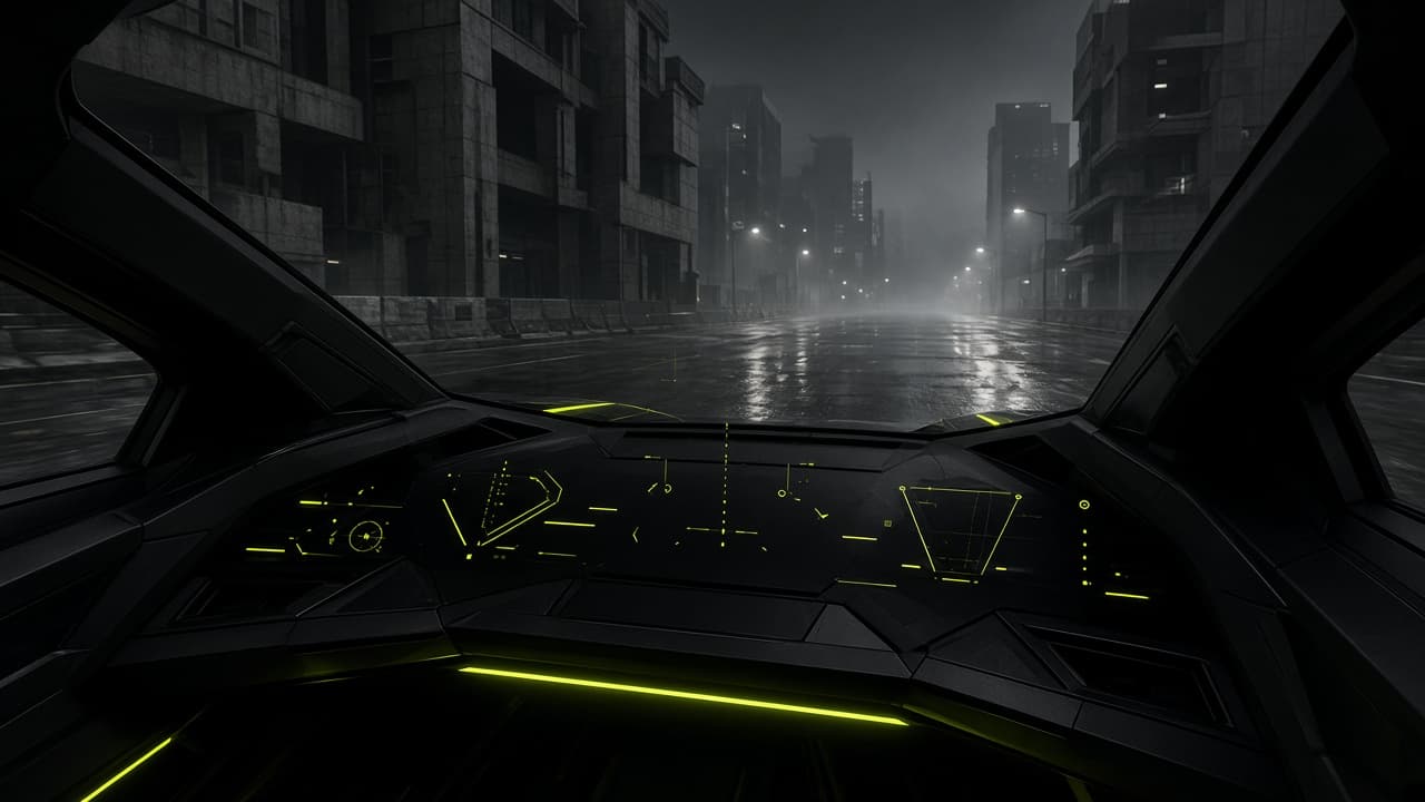 Cockpit view of a futuristic racer looking down a lime-lit city street
