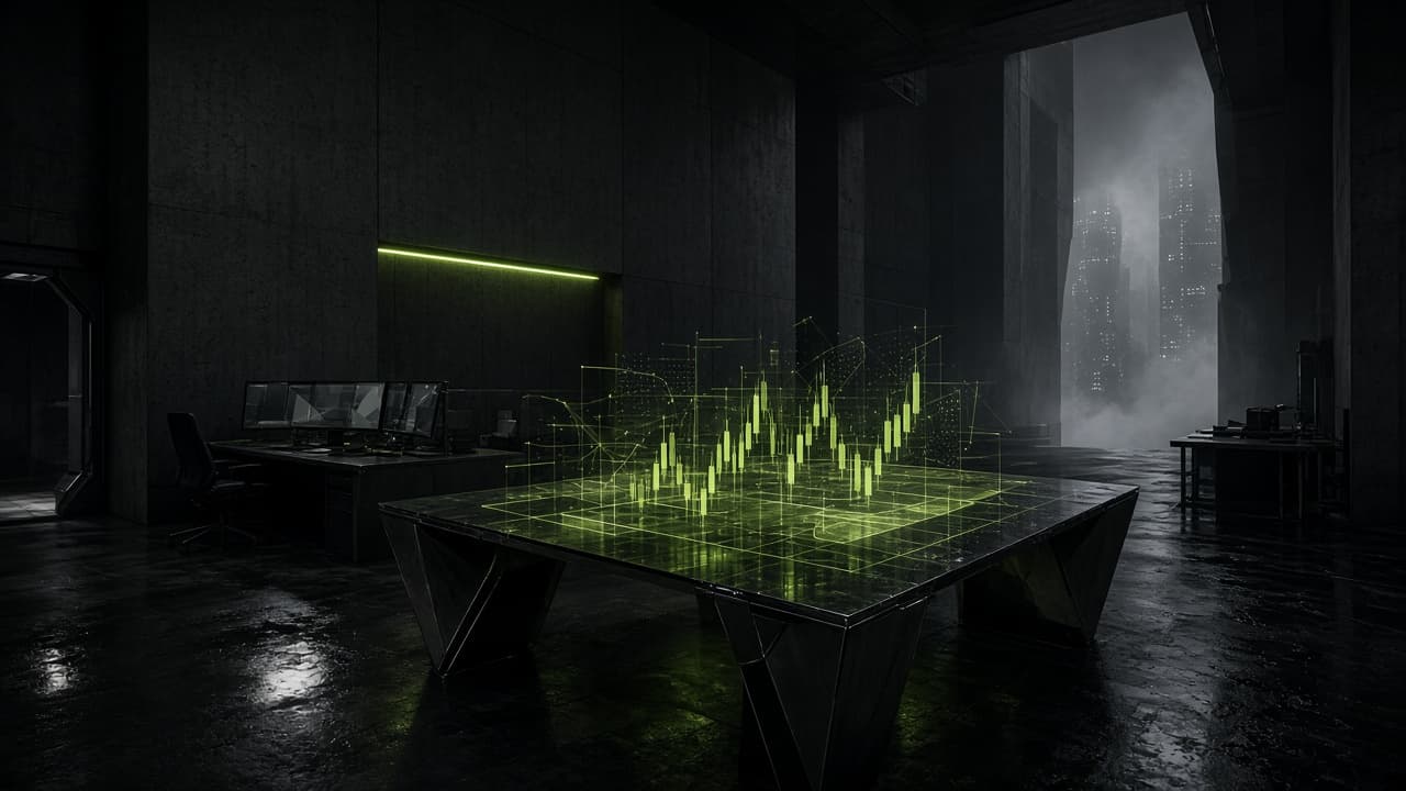 Dark underground trading floor with acid lime data planes