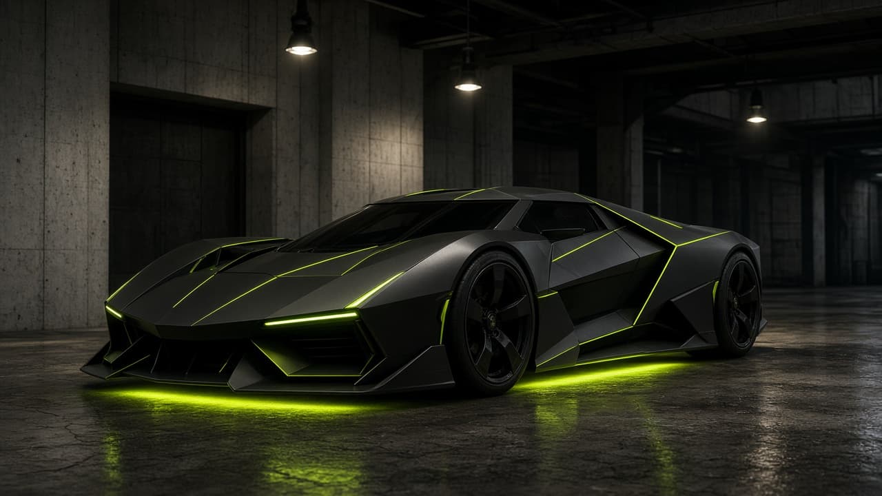 Angular charcoal racing machine with acid lime underglow in a dark garage