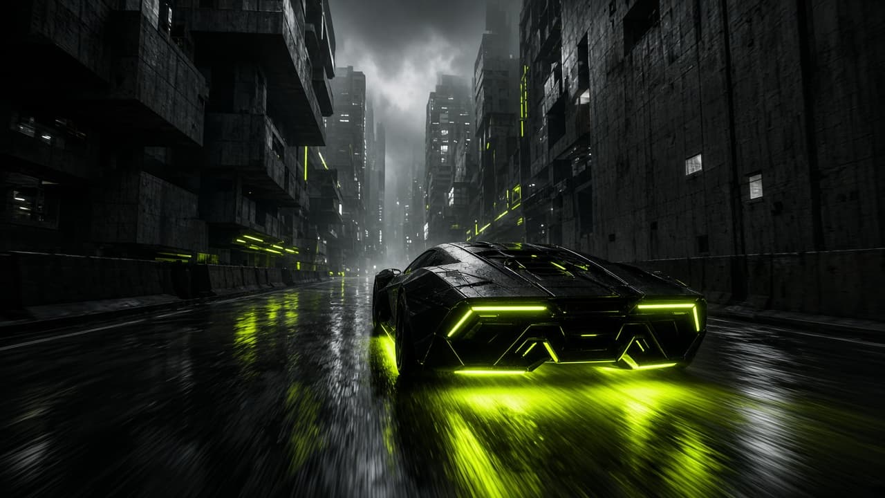 A lime-lit racing vehicle cutting through a wet megacity canyon