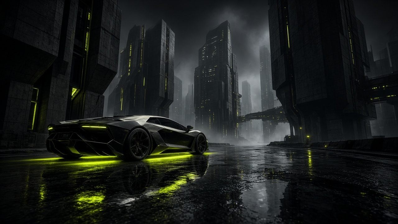 Night megacity street with a lime-lit angular racing vehicle on wet pavement