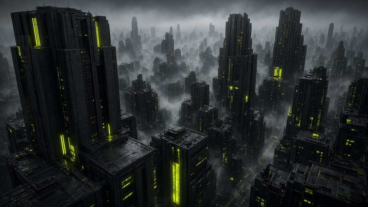 Aerial night view of a brutalist megacity disappearing into fog
